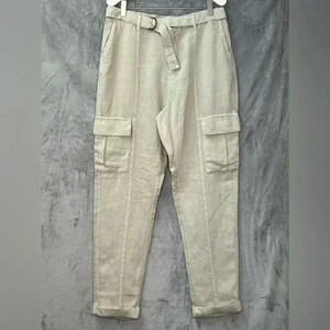 Nicole Miller Natural Tan‎ Beige Linen Cargo Pants Belted M Coastal Grandma Core